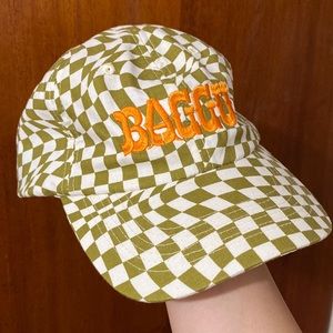 BAGGU Green and White Checkered Hat with Orange Logo